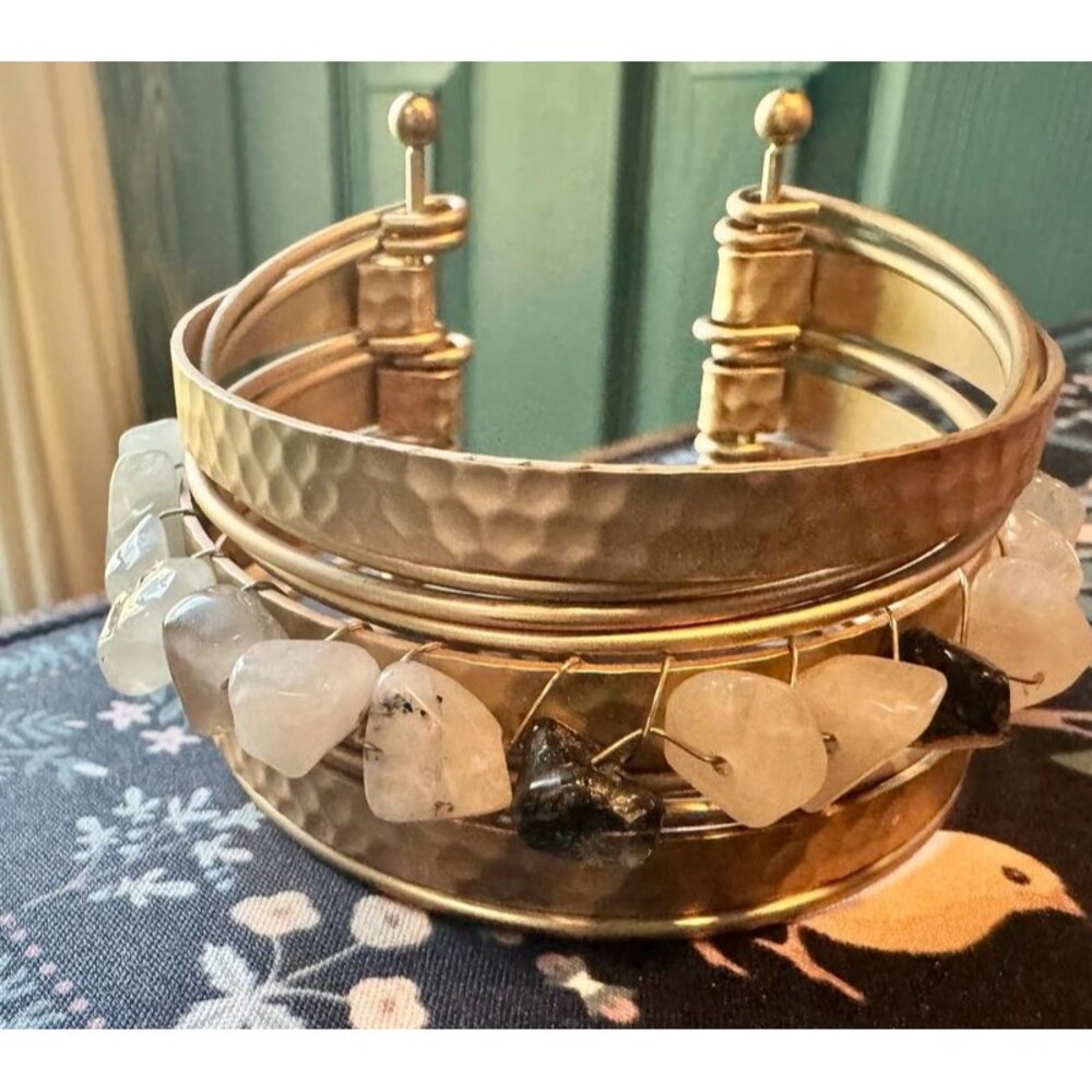 Matte Gold Tone multi cuff bracelet with beaded Rocks